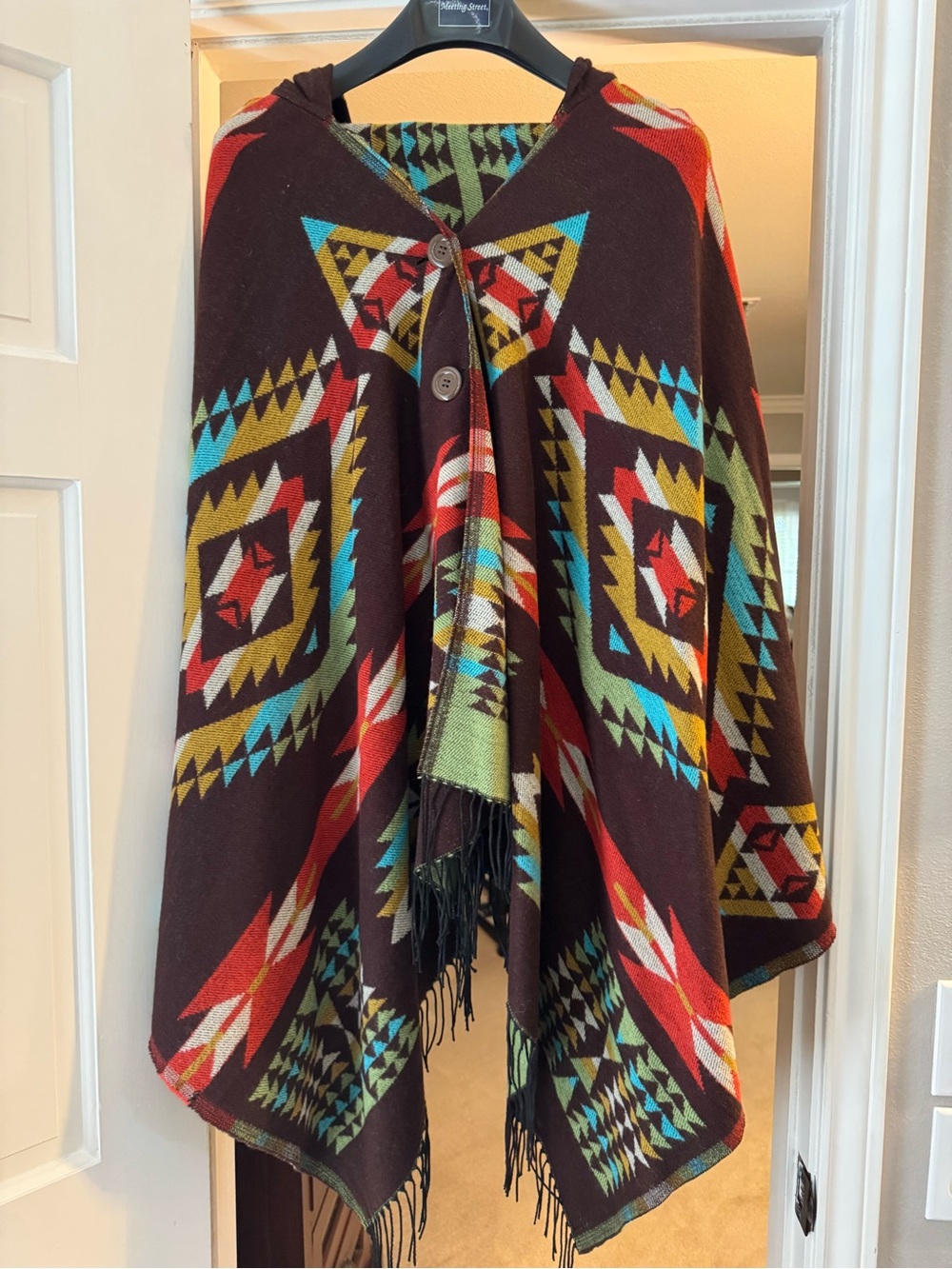 Brown Southwestern Hooded Poncho Cape with Geometric Print